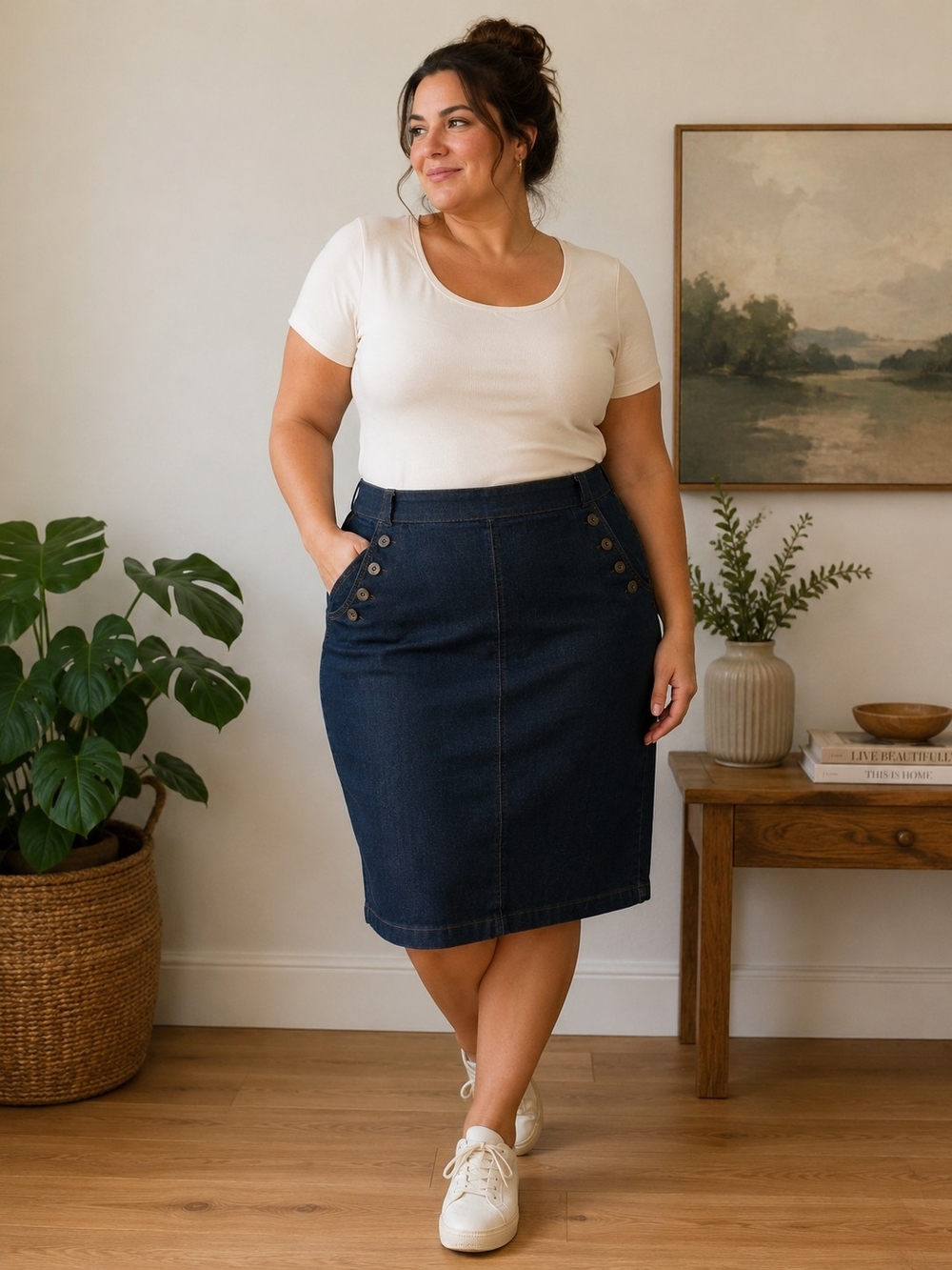Classic Dark Blue Midi Denim Skirt with Front Button Detail